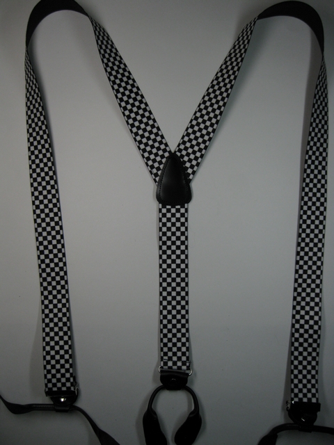 CHECKERS BLACK AND WHITE Button On. 1 1/2"x 54" "Y" STYLE LEATHER ENDS SUSPENDERS. YB- PB130N54CHEC